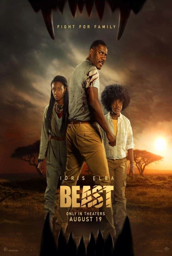 (L to R) Iyana Halley, Idris Elba, and Leah Jeffries play a family who find themselves hunted by a massive rogue lion in Beast.