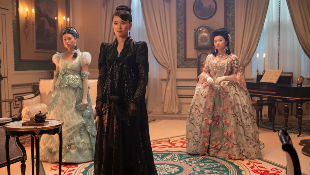 Katie Leungas Lady Araminta, Michelle Mao
as Rosamund Li, and Isabella Wei
as Posy Li in Bridgerton: Season Four