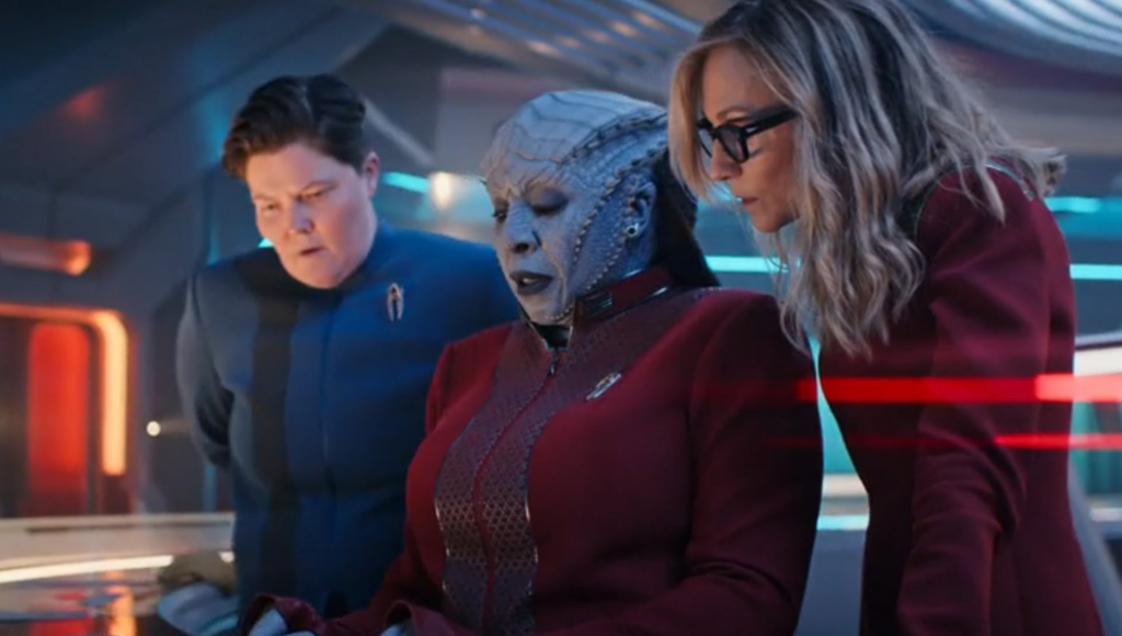 Holly Hunter, Gina Yashere, and Tricia Black in Star Trek: Starfleet Academy (2026)