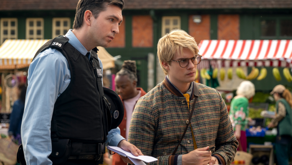 Nicholas Braun stars as Officer Tim Derry and Nicholas Galitzine as Elliot Matthews in THE SHEEP DETECTIVES, from Amazon MGM Studios.